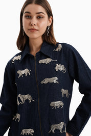 Dark Herringbone Denim Leopard Set