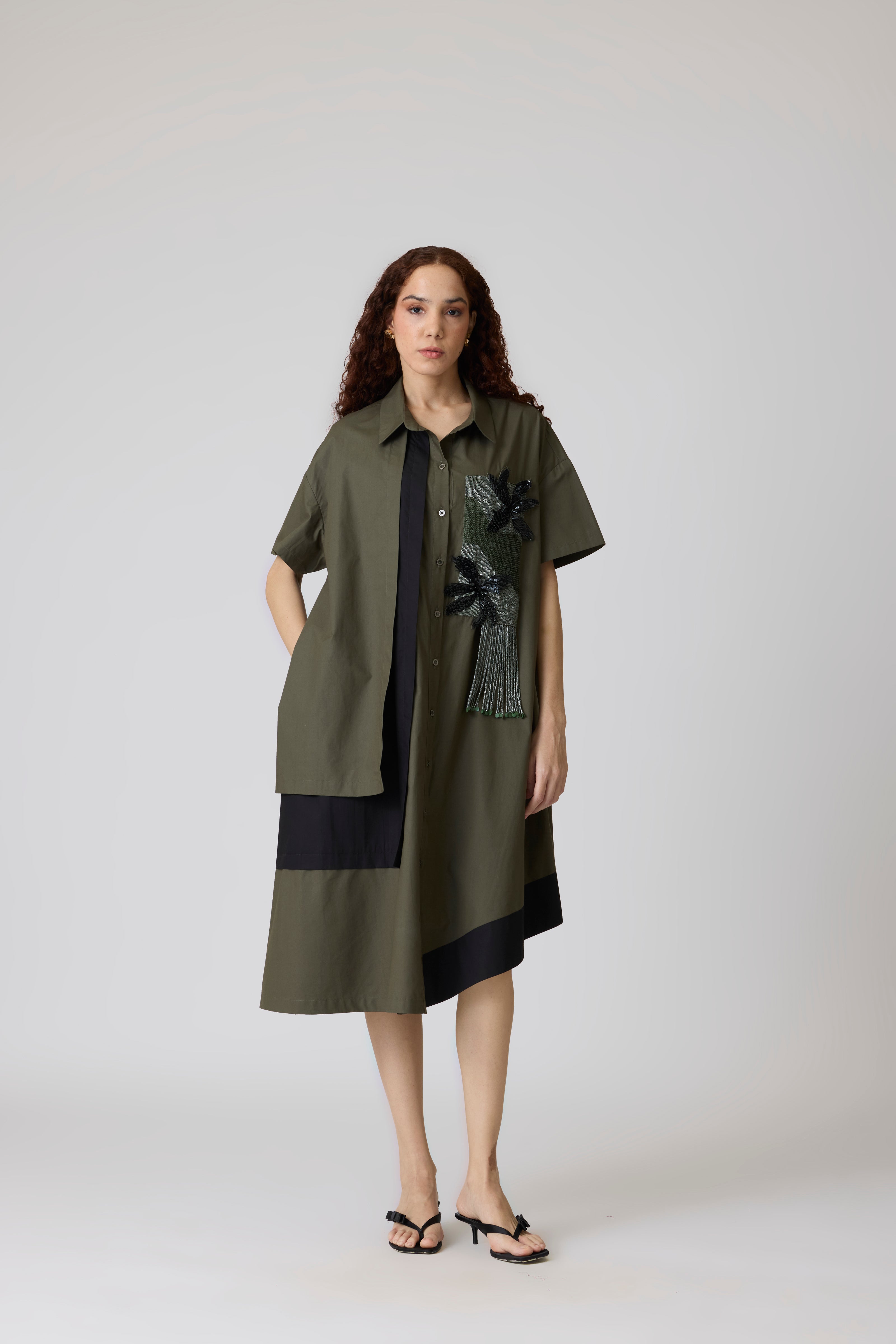Isla Applique Military Green & Black Dress