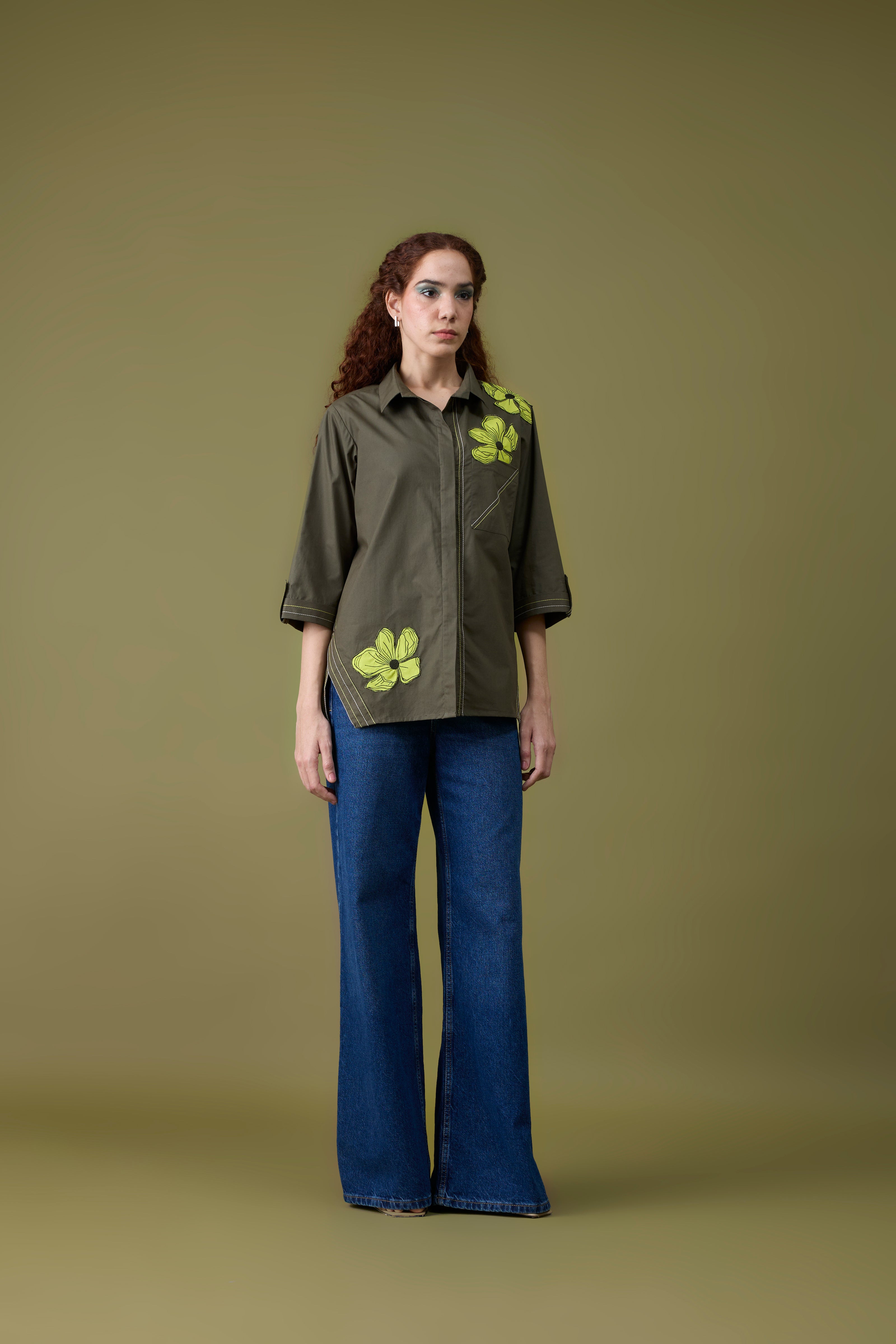 Edith Applique Military Green Shirt