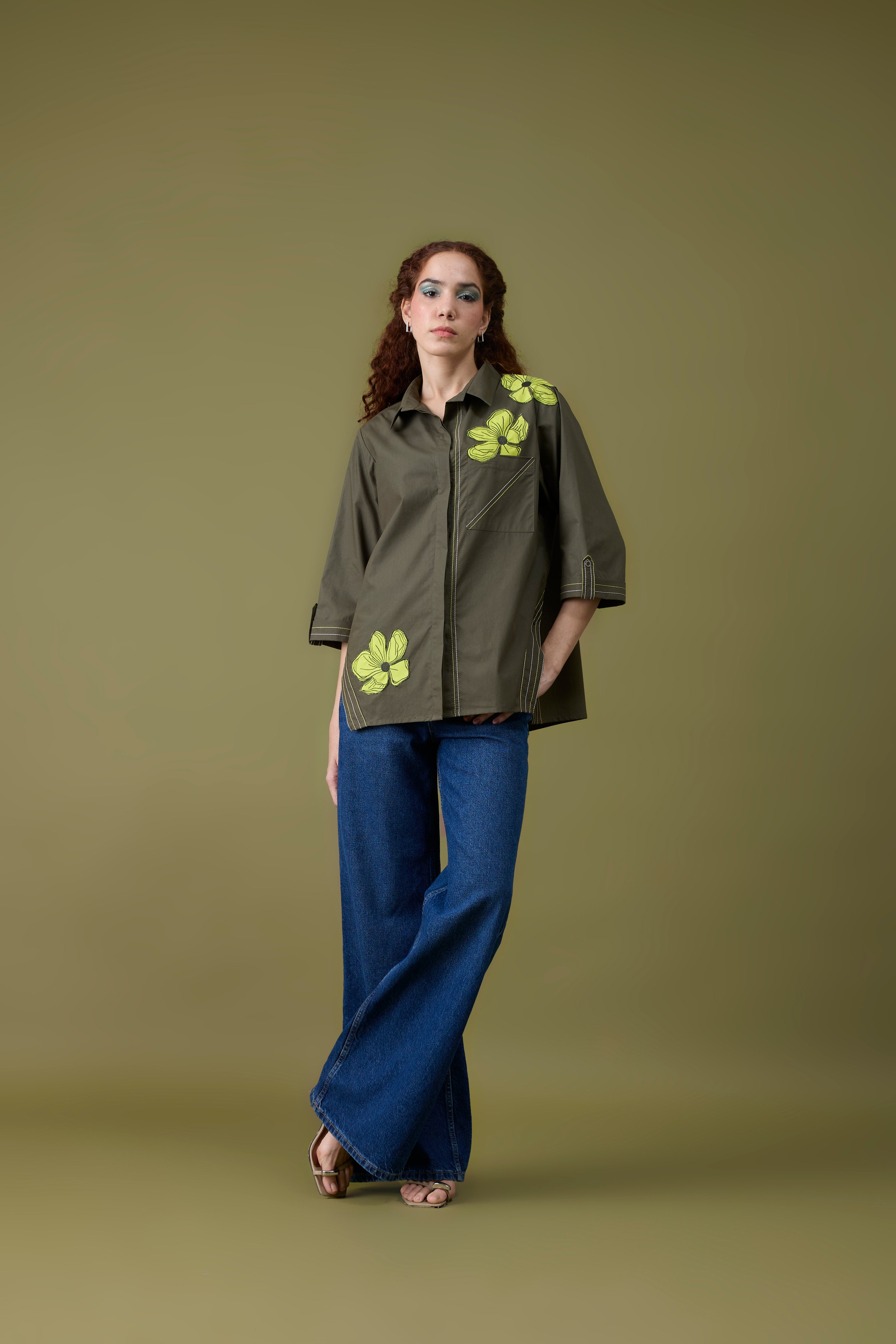 Edith Applique Military Green Shirt