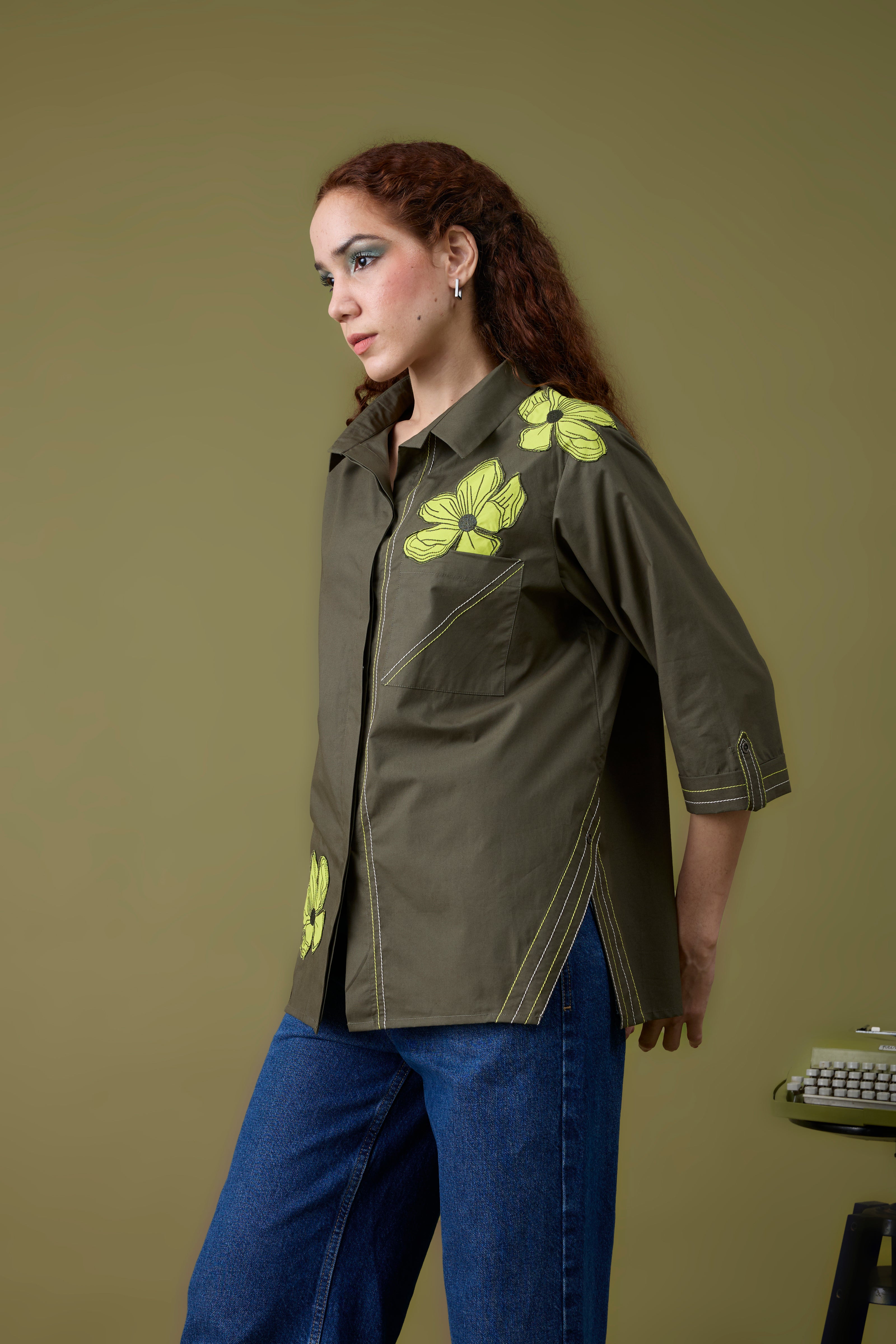 Edith Applique Military Green Shirt