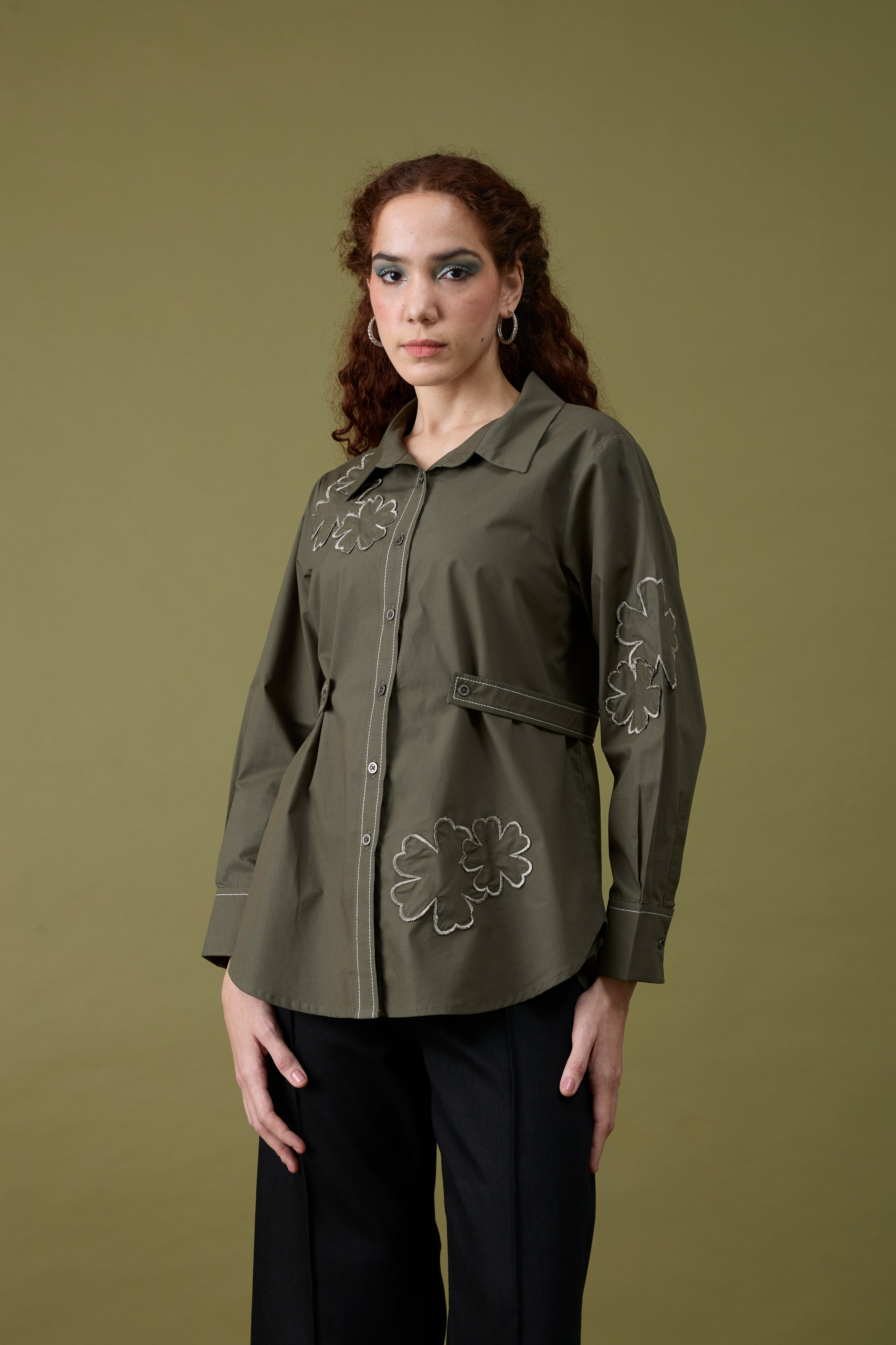 Ruth Applique Military Green Shirt