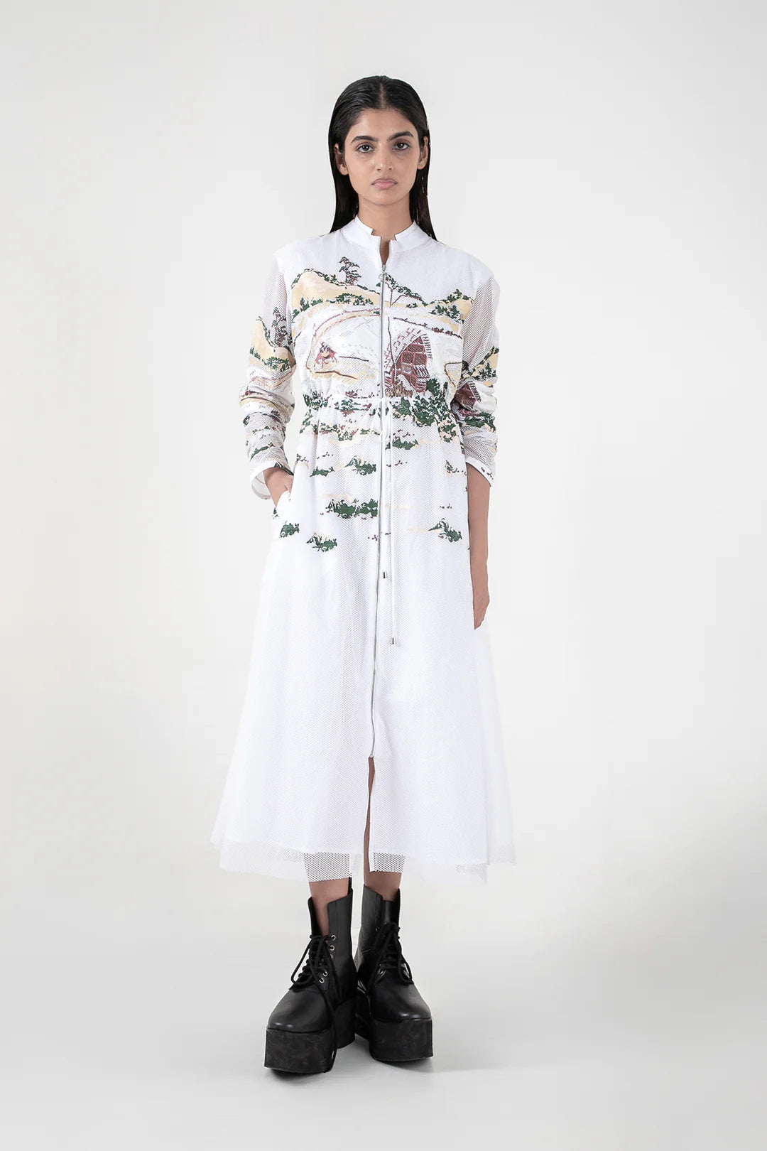 Ivory Crest Embroidered Long Dress