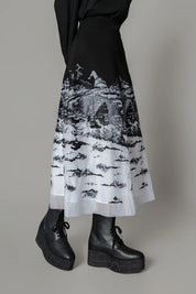 B&W Hokusai Embroidered Skirt