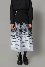 B&W Hokusai Embroidered Skirt