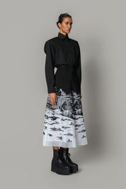 B&W Hokusai Embroidered Skirt