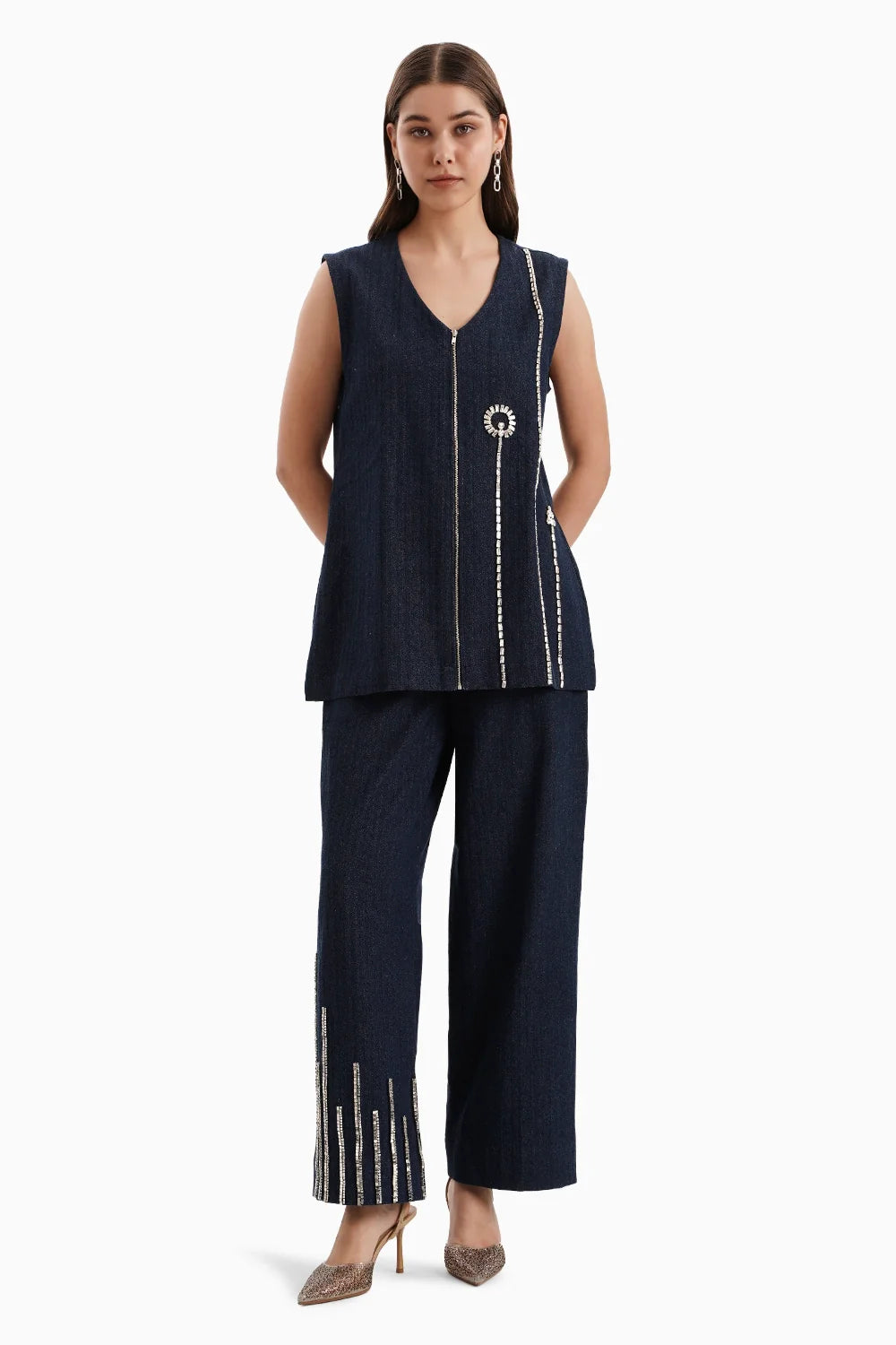 Dark Herringbone Denim Flower Jacket and Pants Set