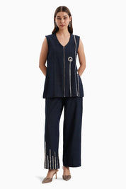 Dark Herringbone Denim Flower Jacket and Pants Set