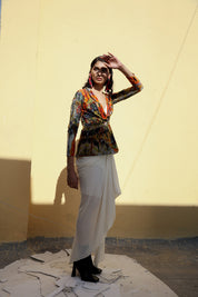 Flowers Long Jacket With Off White Drape Skirt