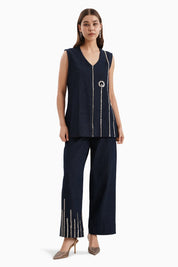 Dark Herringbone Denim Flower Jacket and Pants Set