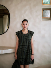 Nara Gather Dress Green Tribal Print