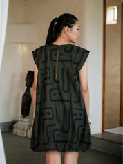 Nara Gather Dress Green Tribal Print