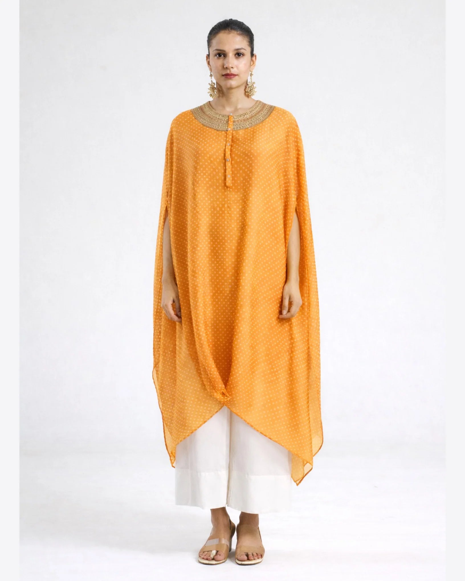 Bandhej Mango Orange & Gold Kurta Set