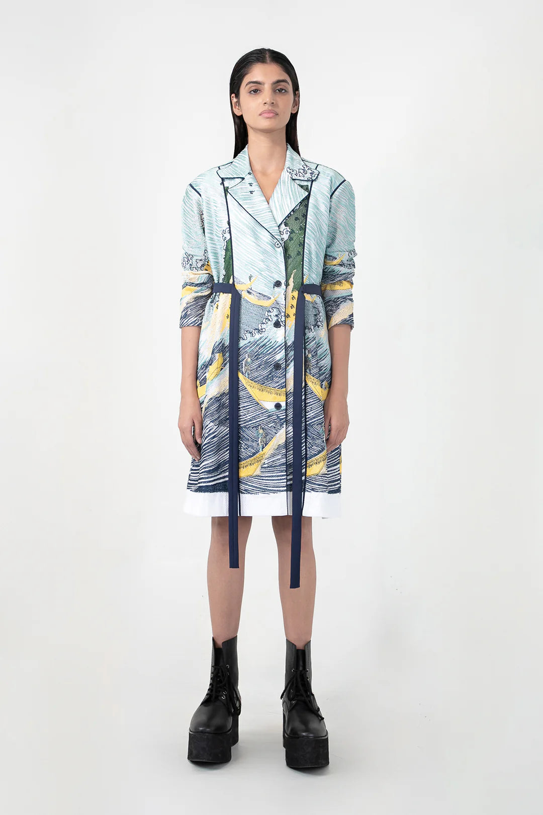 Edo Wave Embroidered Coat Dress