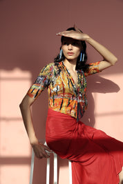 Flowers Jacket With Red Drape Skirt