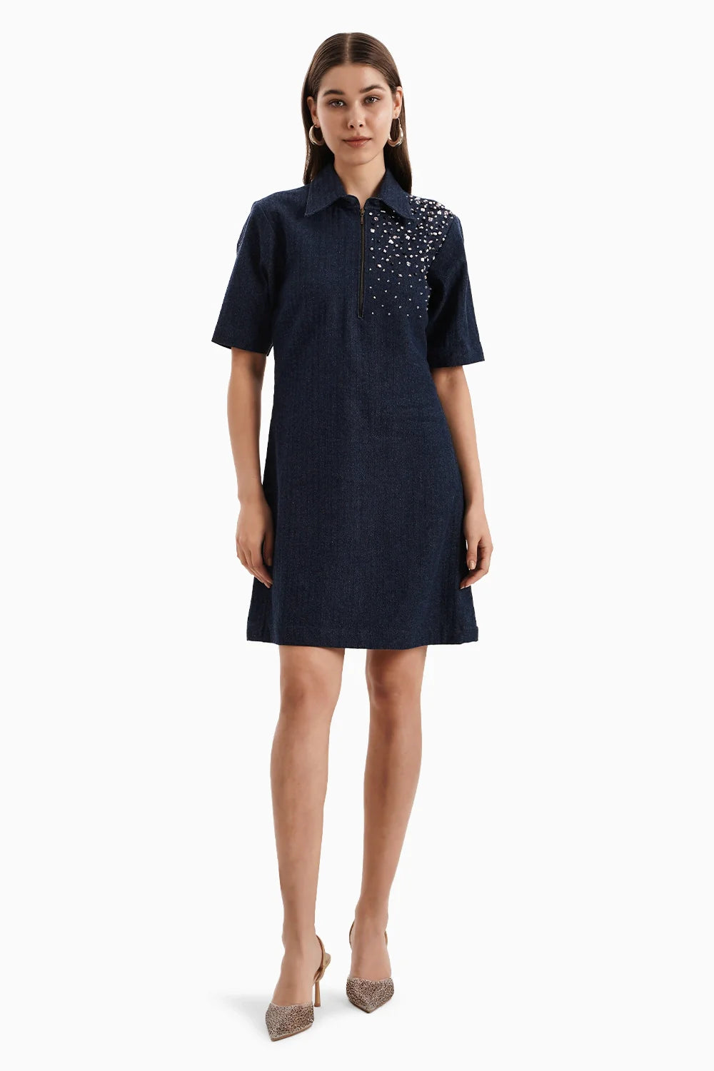 Dark Herringbone Denim Crystal Dress
