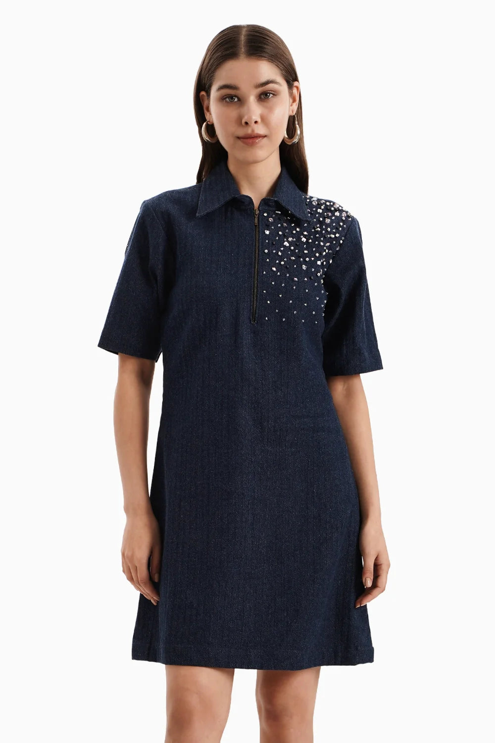 Dark Herringbone Denim Crystal Dress