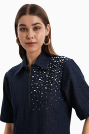 Dark Herringbone Denim Crystal Dress