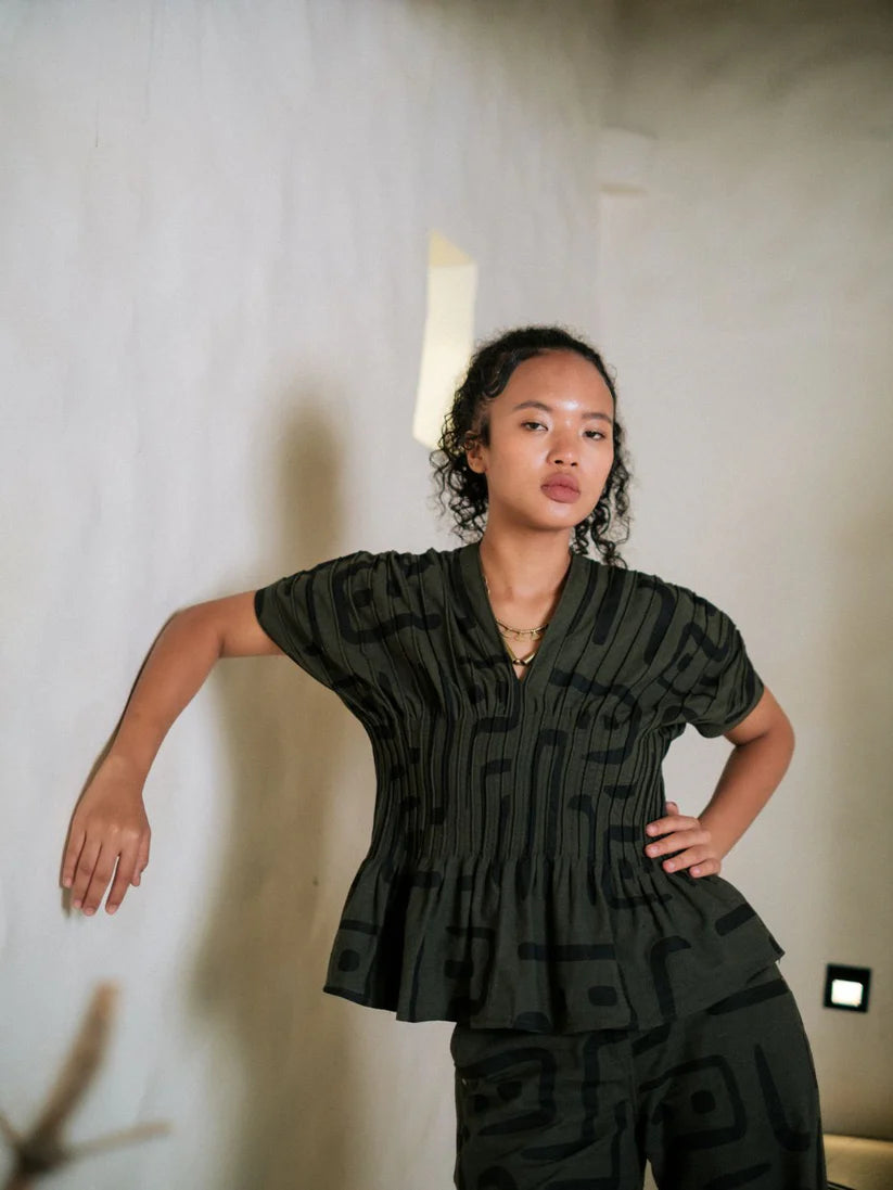 Meknes Kimono Top Green Tribal Printed