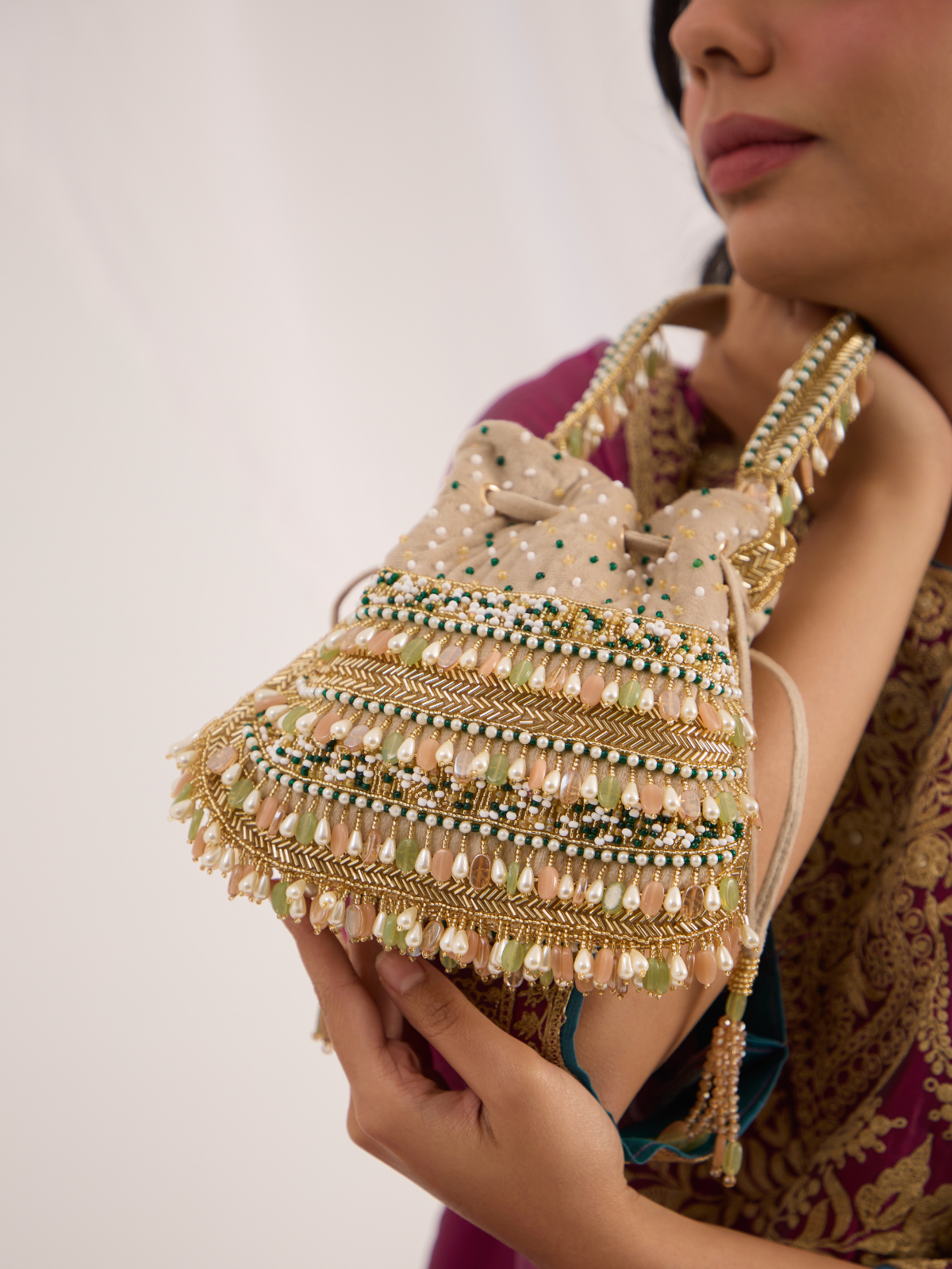Zaraha Potli Peach Green Beige