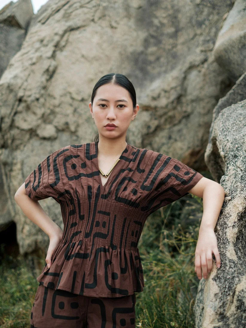 Meknes Kimono Top Brown Tribal Printed