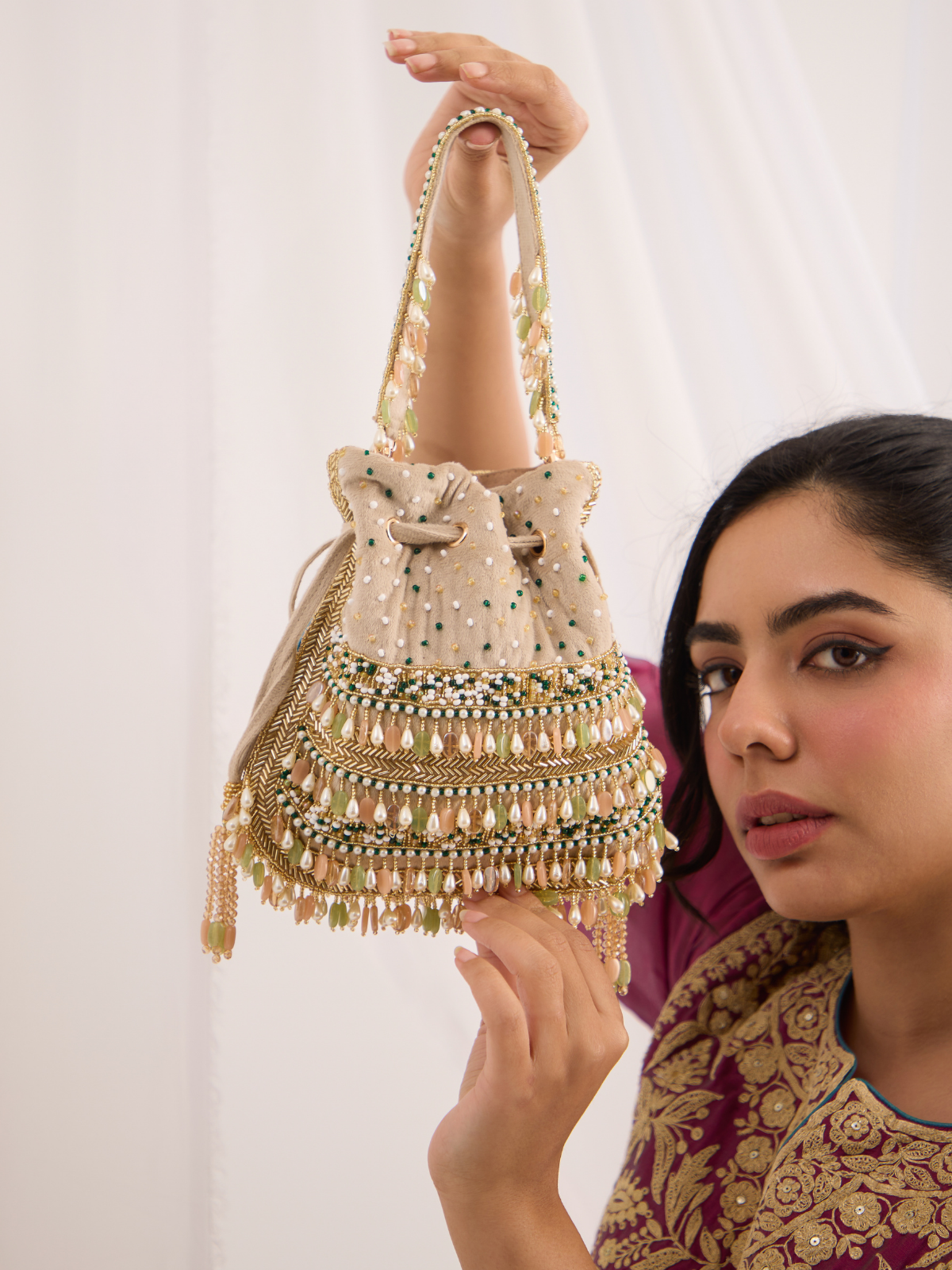 Zaraha Potli Peach Green Beige