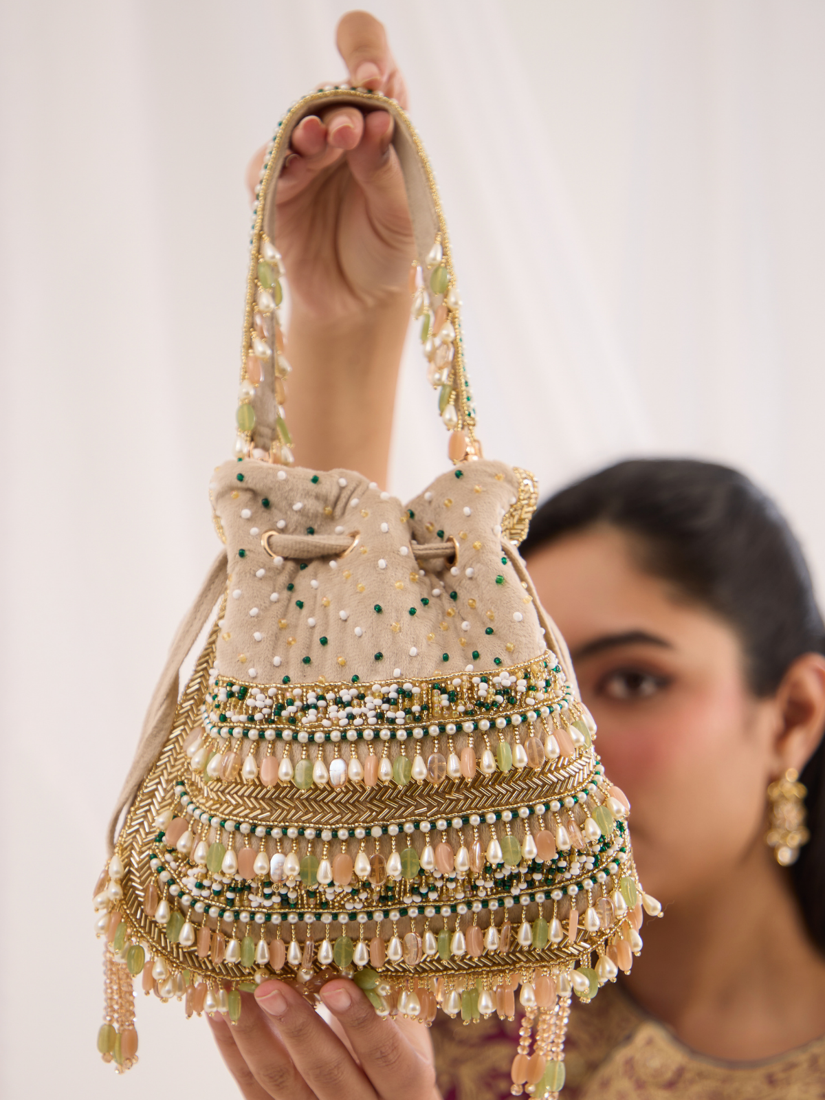 Zaraha Potli Peach Green Beige