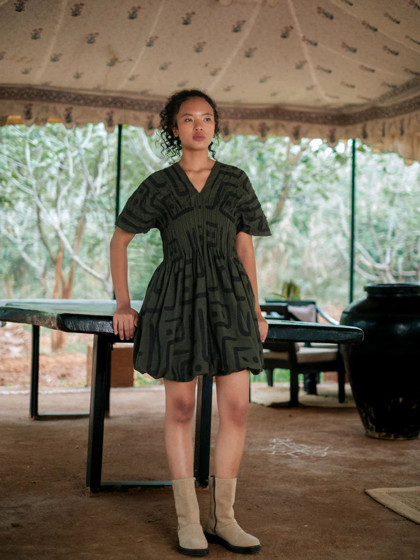 Meknes Kimono Dress Green Tribal Printed