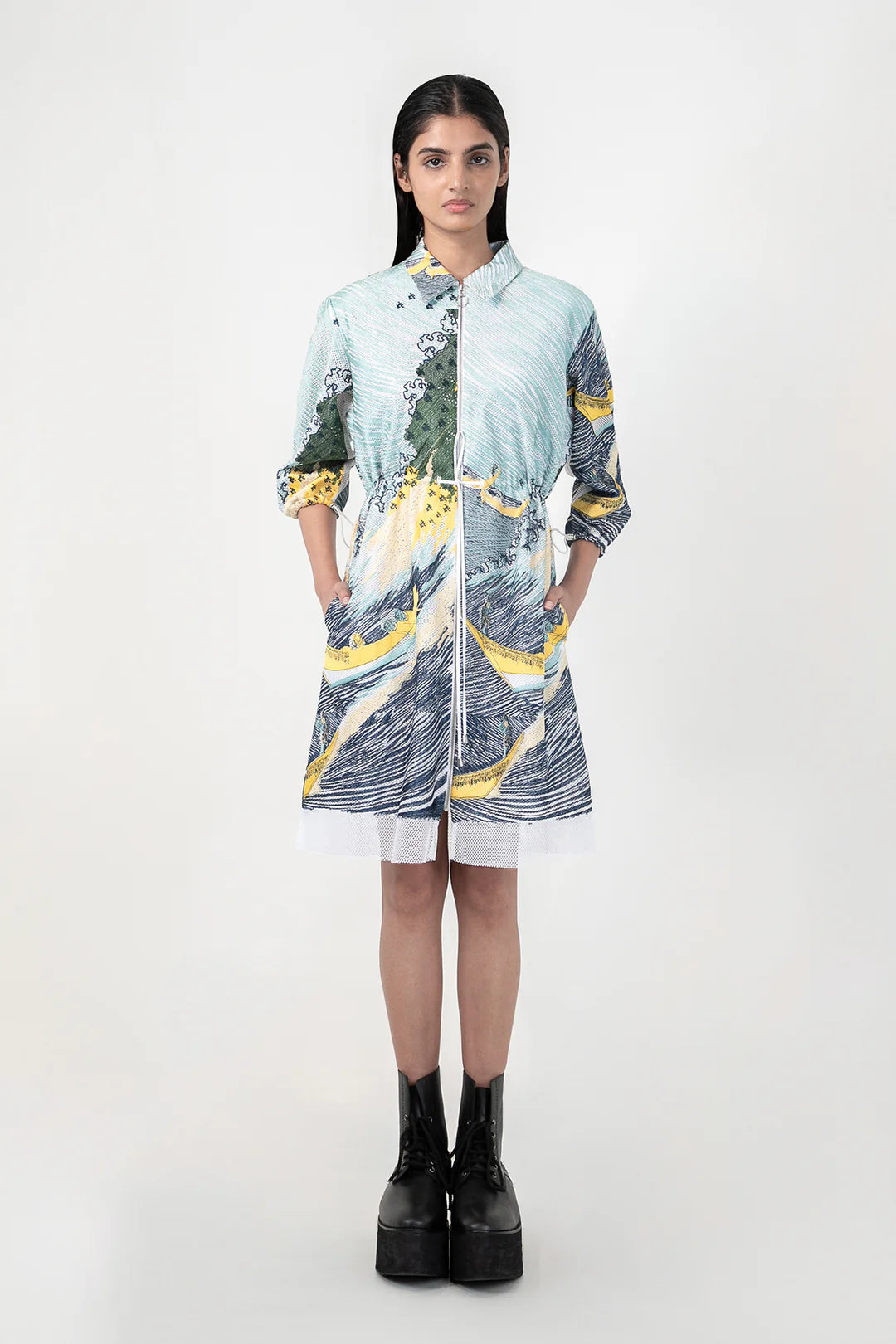 Edo Wave Embroidered Short Dress