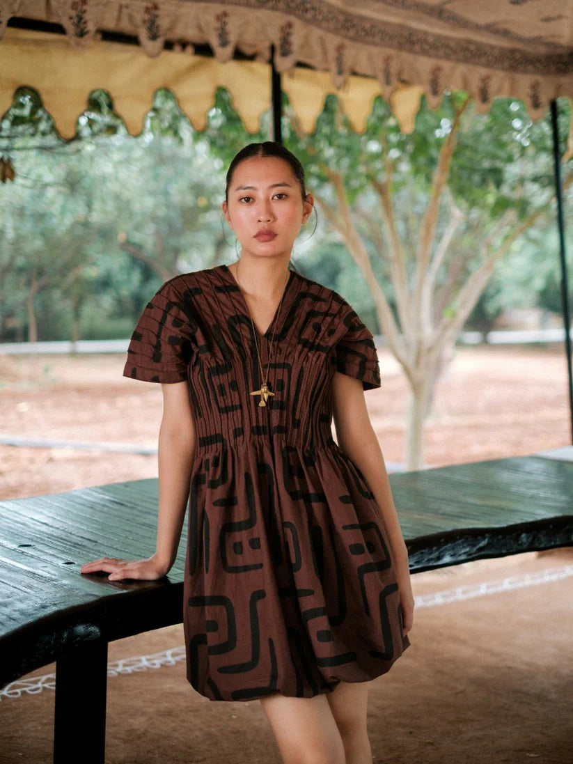 Meknes Kimono Dress Brown Tribal Printed