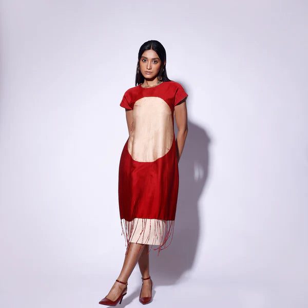 Red Circle Knit Fringed Dress