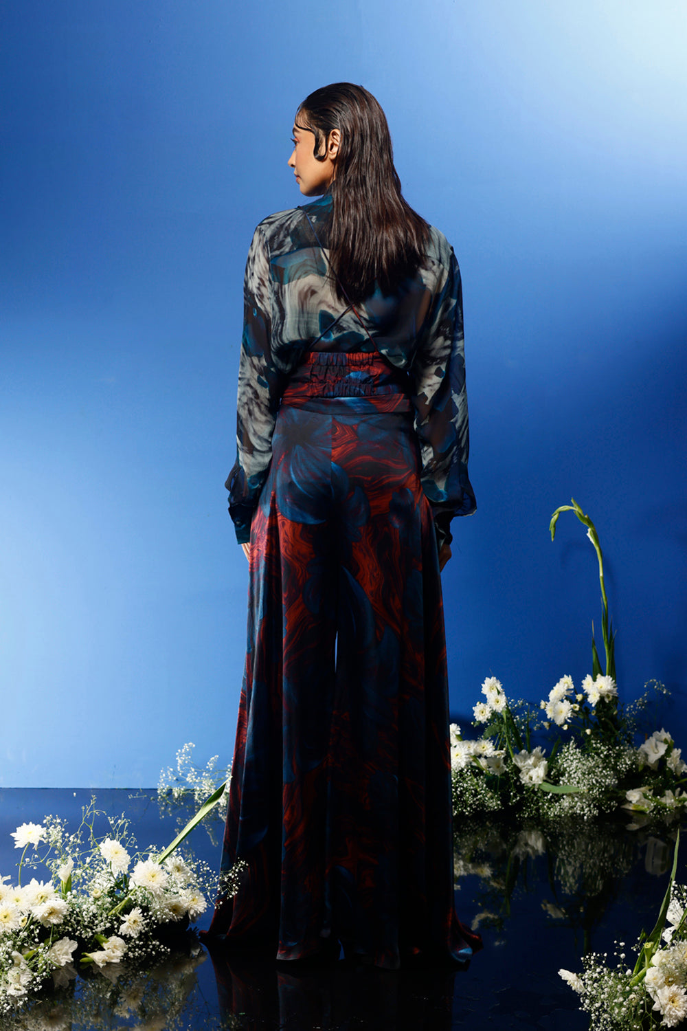 Blrd Chiffon Shirt With Belt and Bias Pants Red Floral