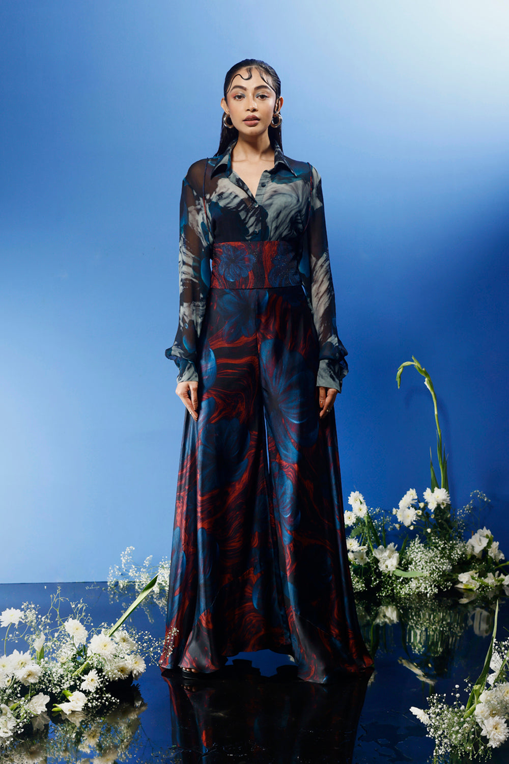 Blrd Chiffon Shirt With Belt and Bias Pants Red Floral