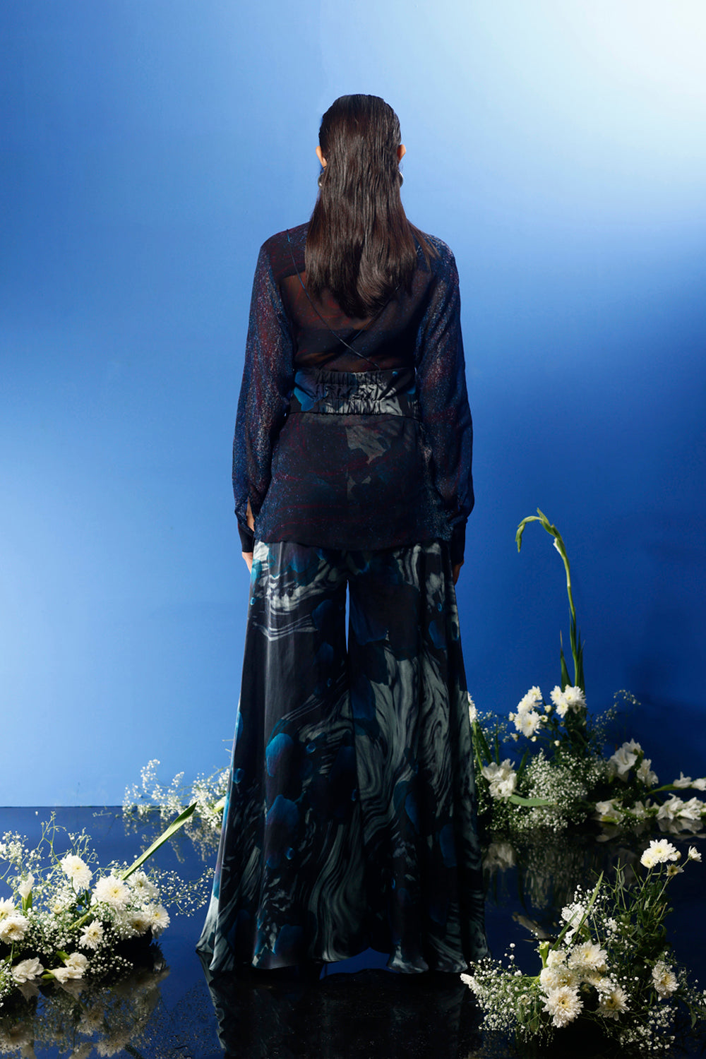 Blrd Chiffon Shirt With Belt and Bias Pants - Blue Floral