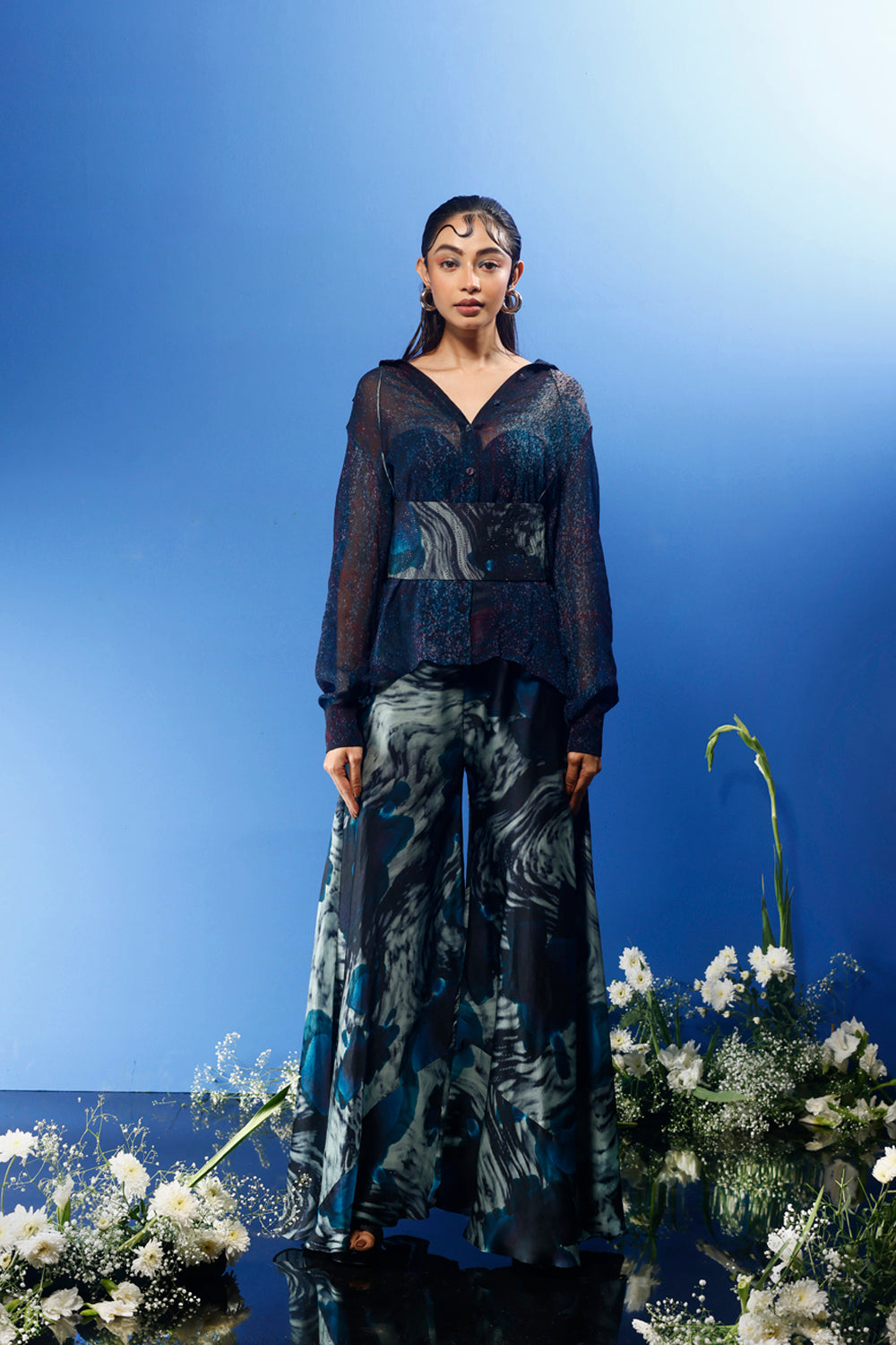 Blrd Chiffon Shirt With Belt and Bias Pants - Blue Floral