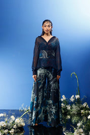 Blrd Chiffon Shirt With Belt and Bias Pants - Blue Floral