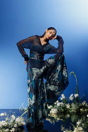 Blrd Chiffon Shirt With Belt and Bias Pants - Blue Floral