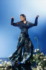 Blrd Chiffon Shirt With Belt and Bias Pants - Blue Floral