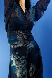Blrd Chiffon Shirt With Belt and Bias Pants - Blue Floral