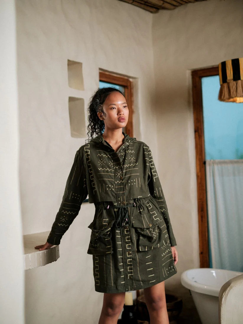 Bodrum Utility Jacket Dress Green Mud Print