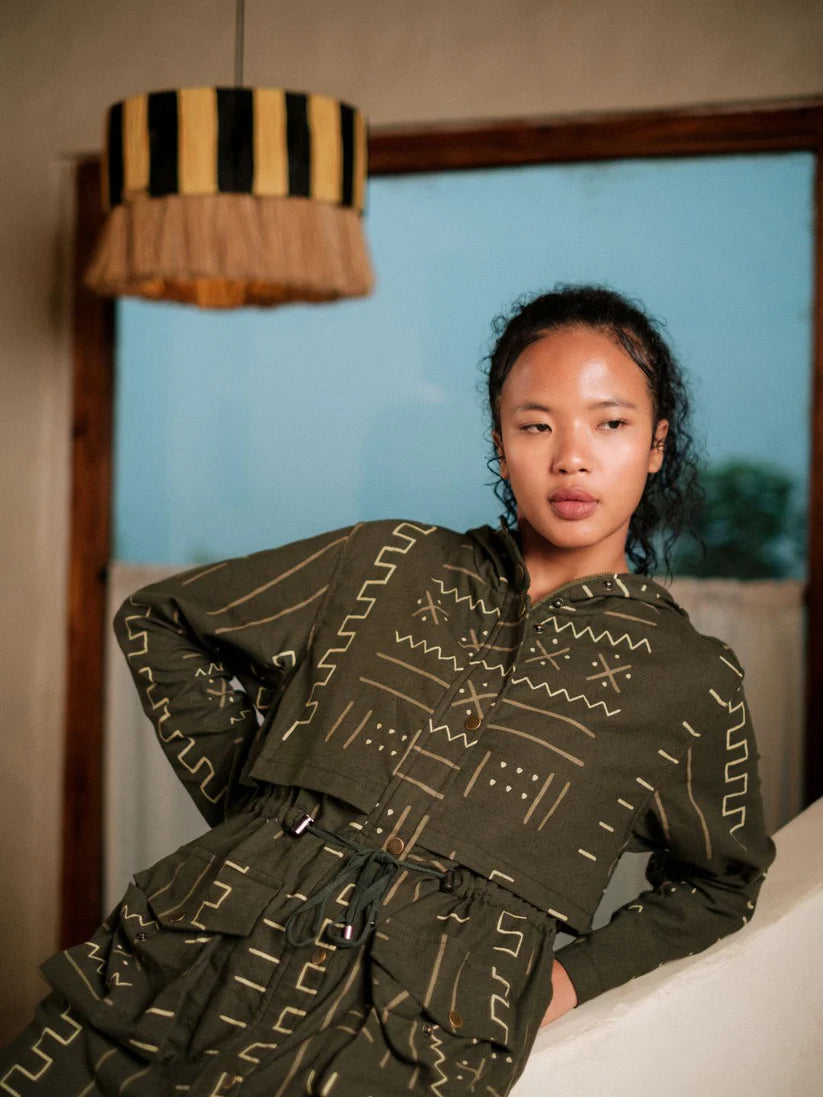 Bodrum Utility Jacket Dress Green Mud Print