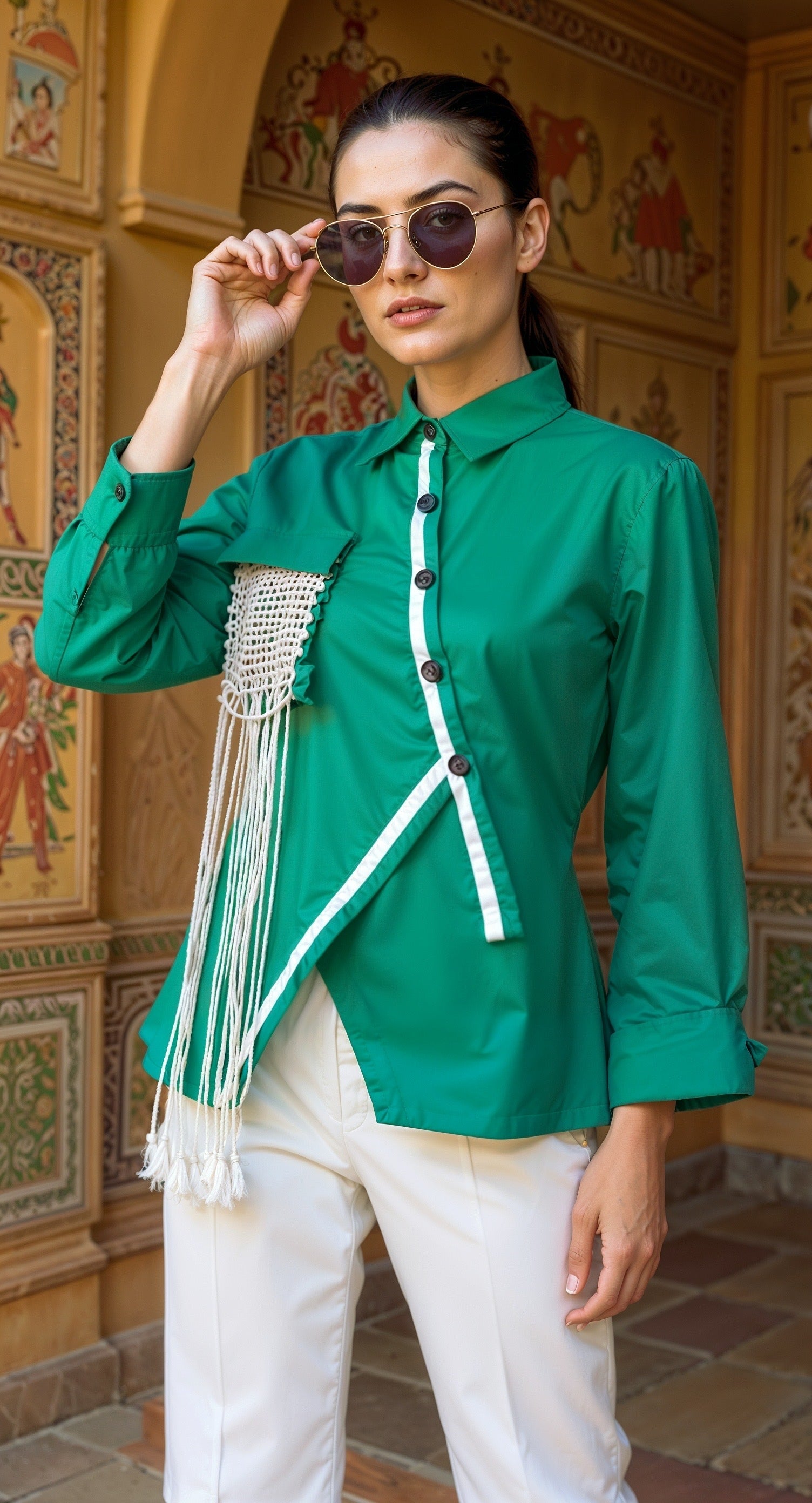 Macramé Pocket Shirt Emerald Green