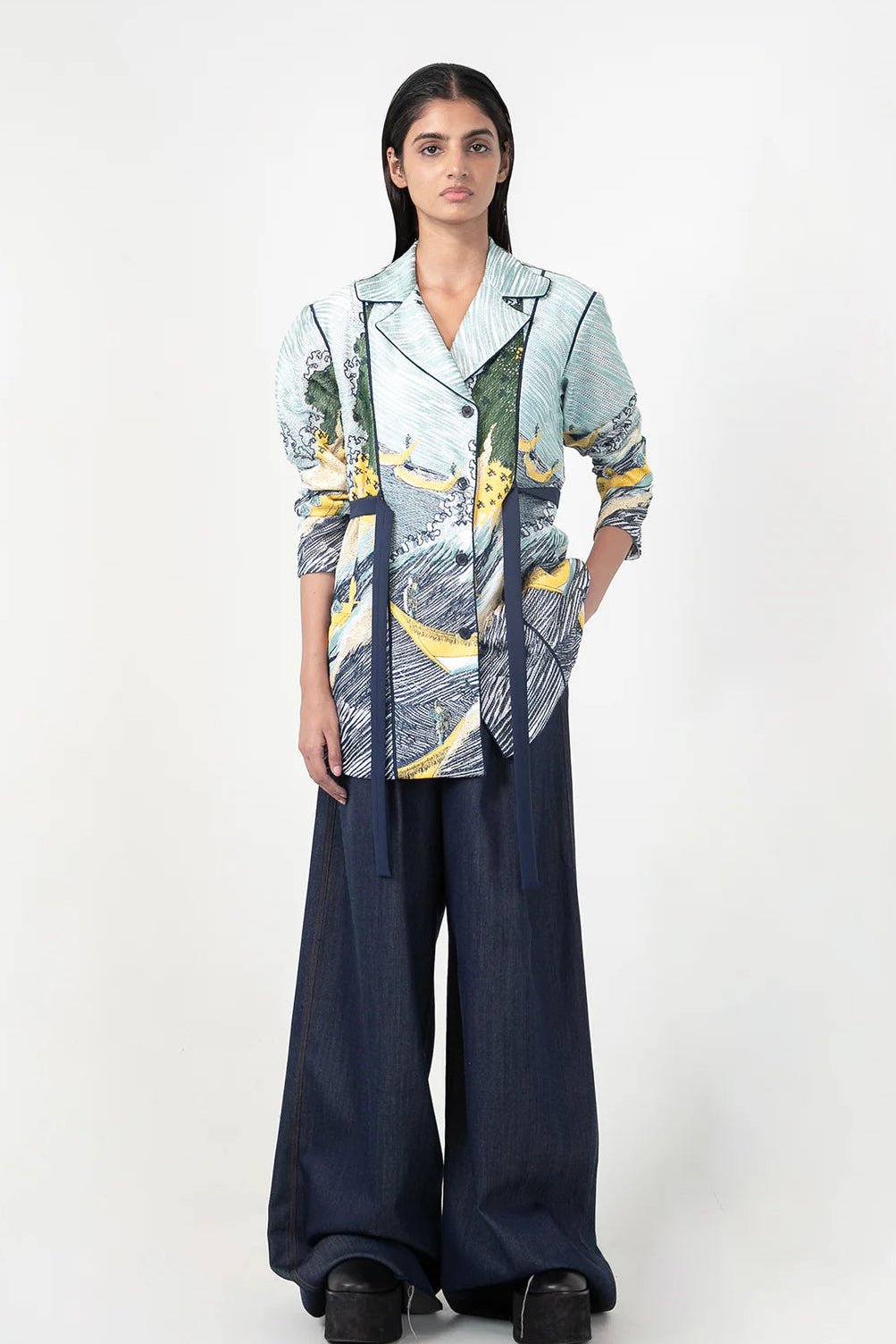 Edo Wave Embroidered Coat Set
