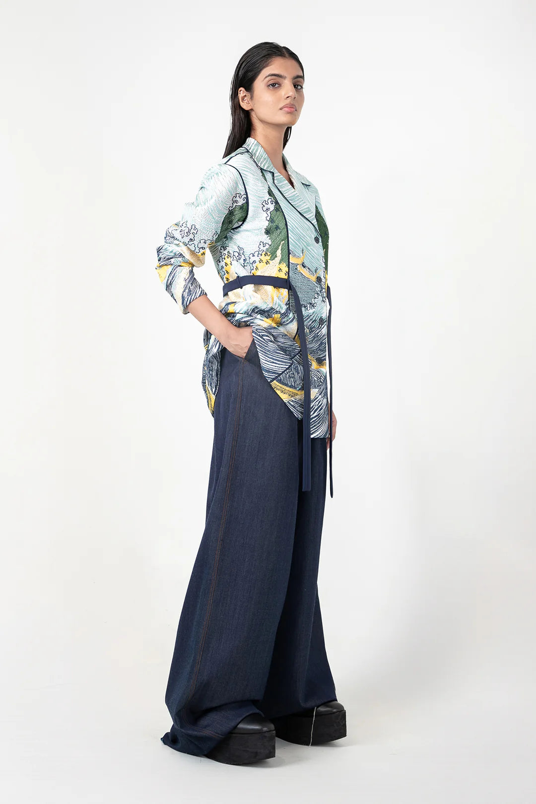 Edo Wave Embroidered Coat Set