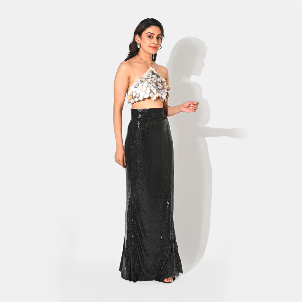 Amara Black Metallic Chainmail Maxi Skirt