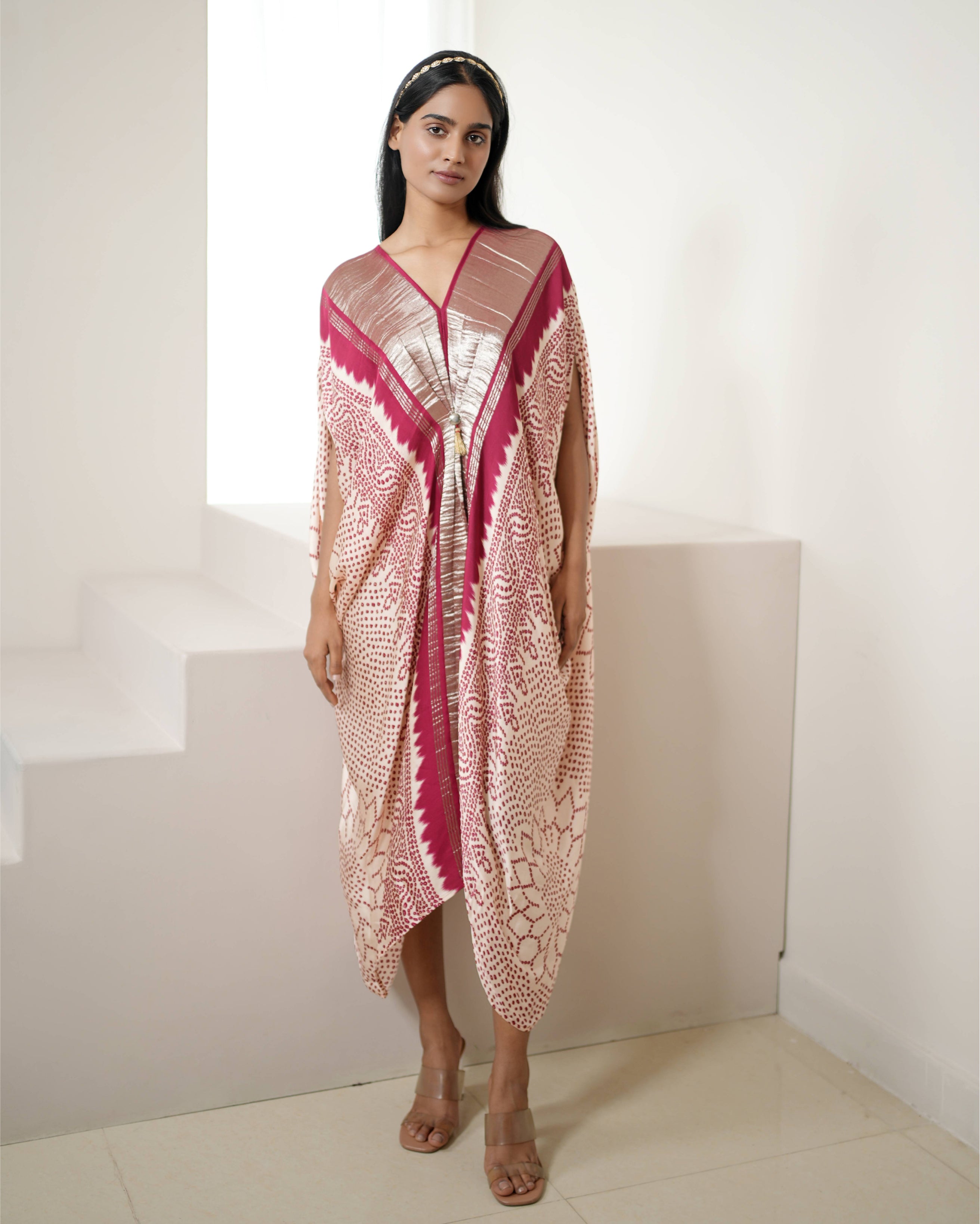 Ivory & Red Kaftan Bandhej