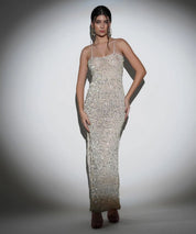 Aria Ivory Golden Sequin Crochet Maxi Dress