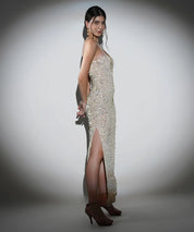 Aria Ivory Golden Sequin Crochet Maxi Dress