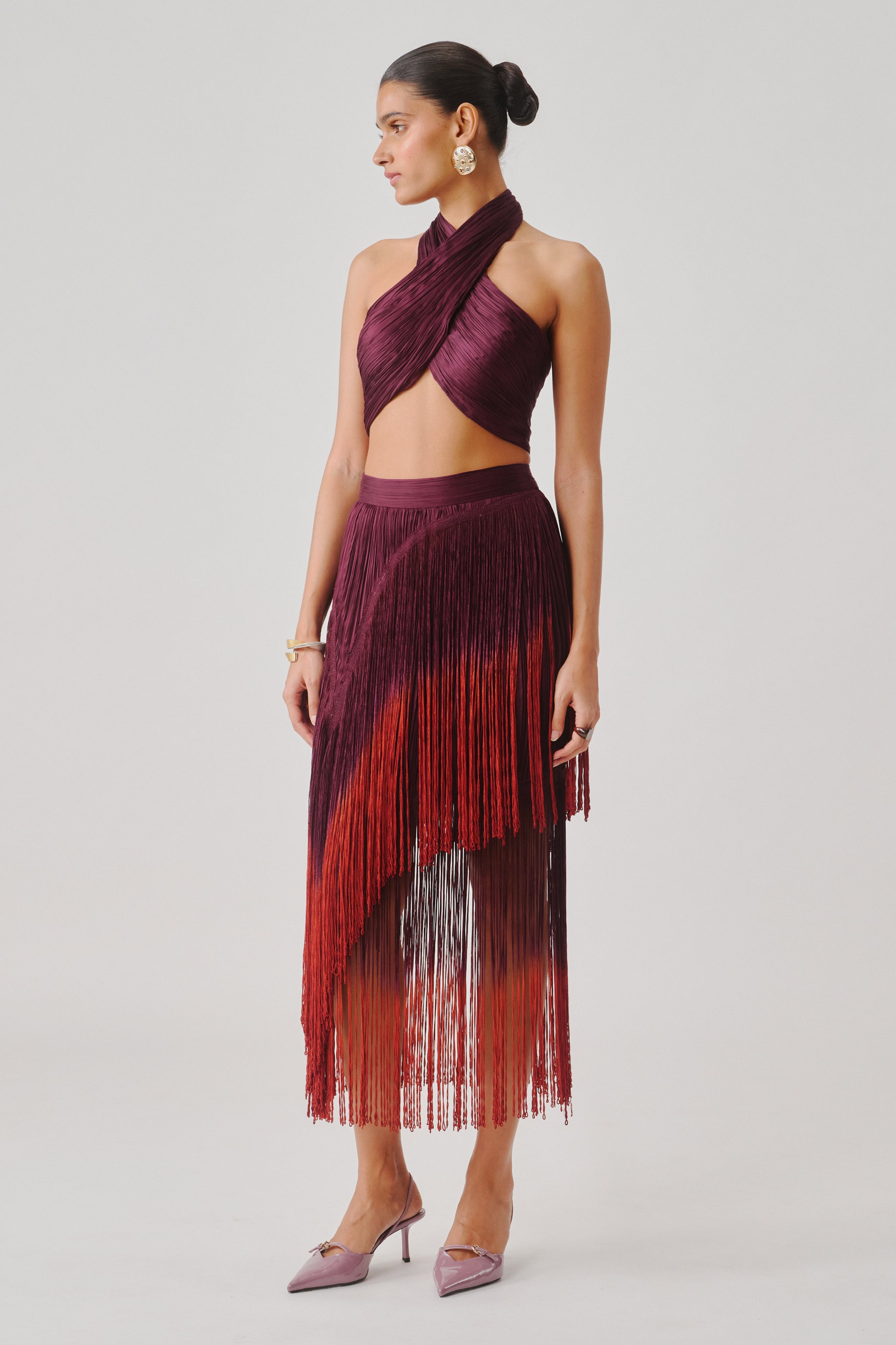 Burnt Wine Fringe Skirt