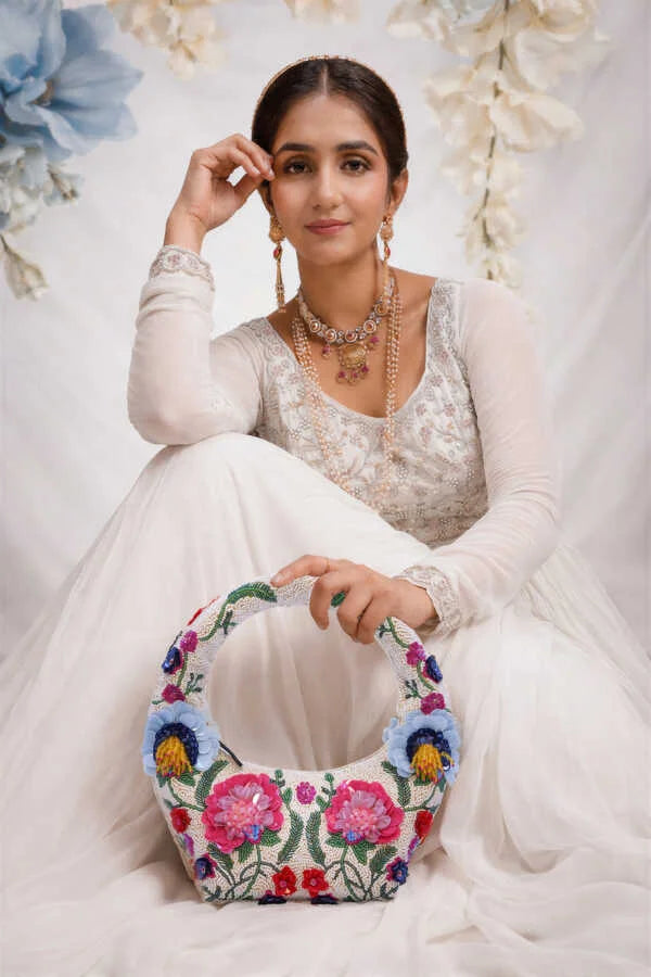 Azure Blossom Embellished Beaded Bag